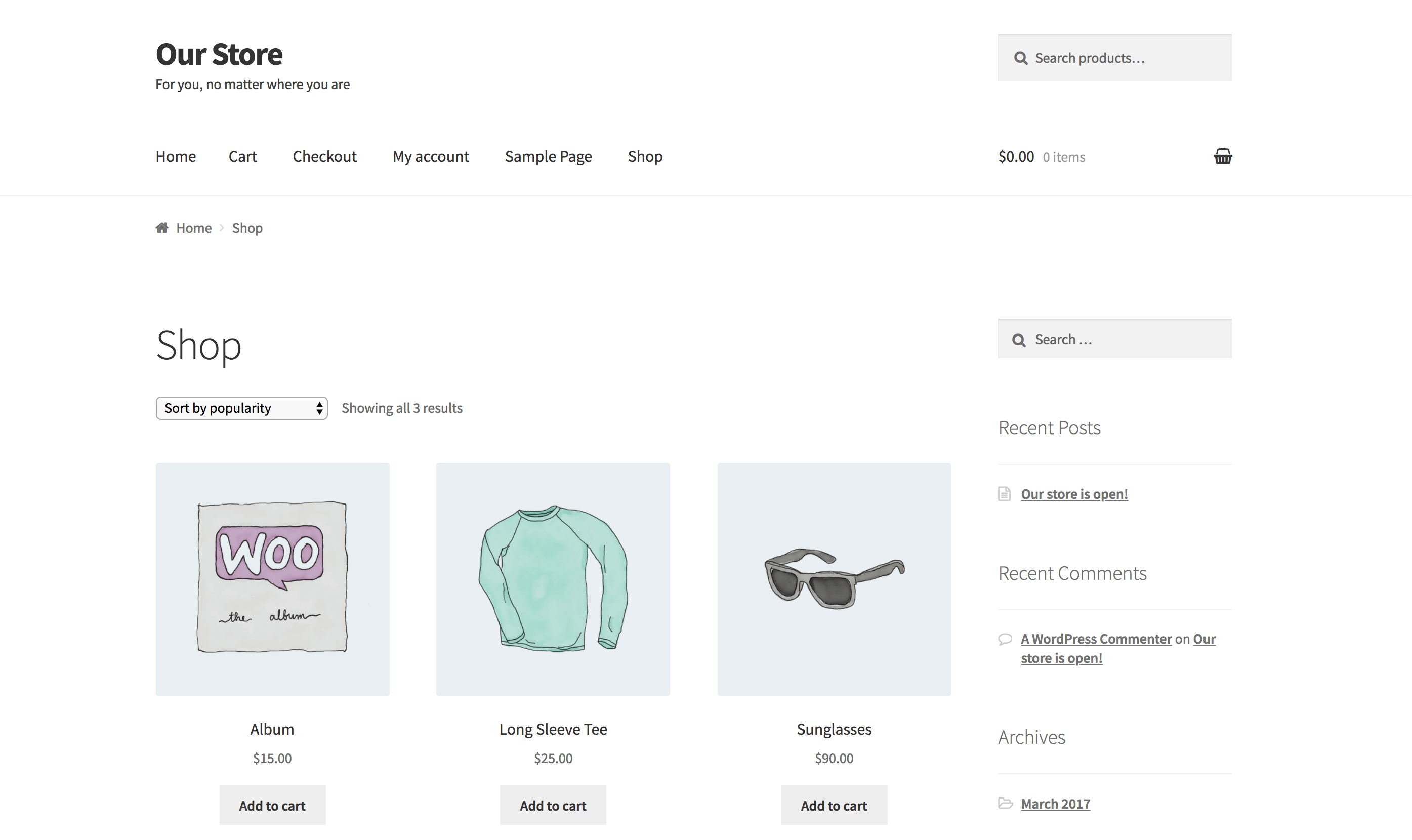 A WordPress site running WooCommerce and featuring sample products.