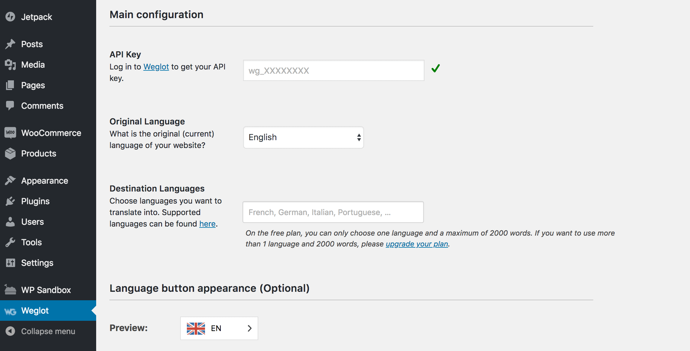 The Weglot translation configuration page in WordPress.