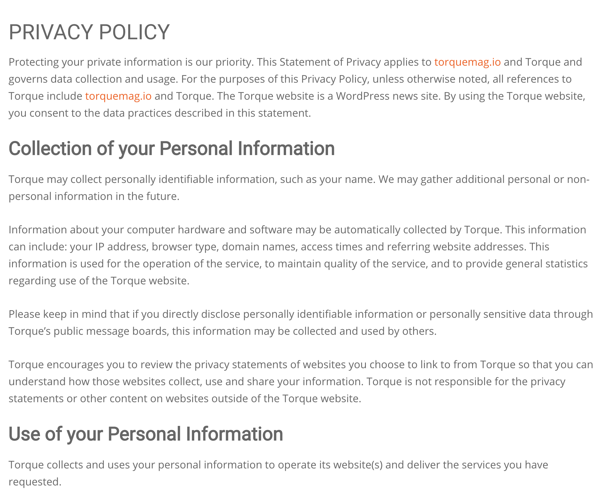 An example of Torque's privacy policy.