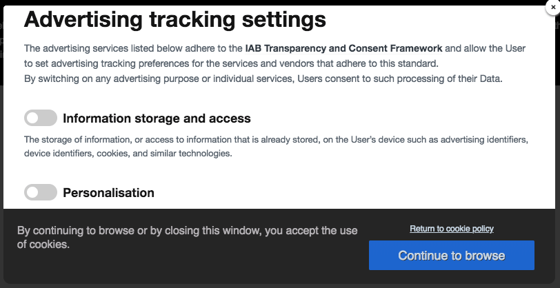 A pop-up about advertising tracking settings.
