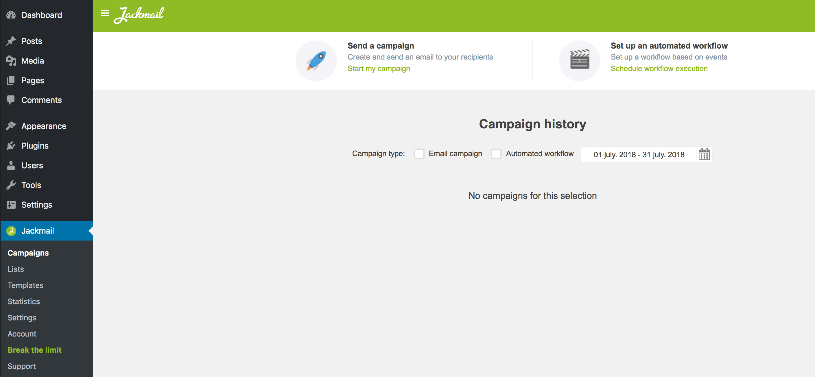 Viewing the campaigns in Jackmail.