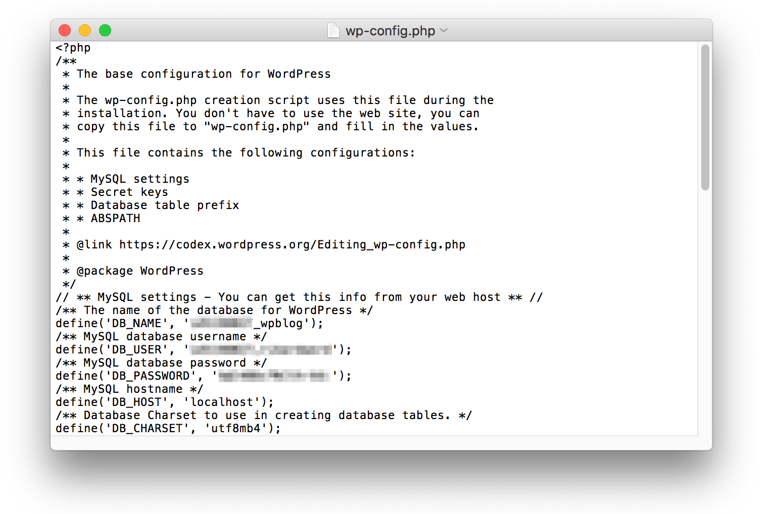 The wp-config.php file open in TextEdit.