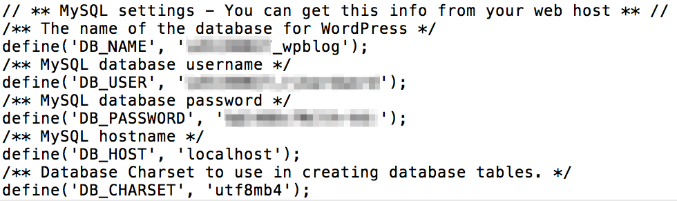 The MySQL settings in the wp-config.php file.