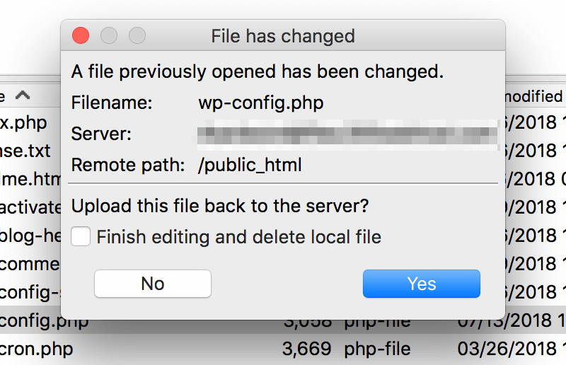 The File Has Changed message in FileZilla, asking to confirm new changes.
