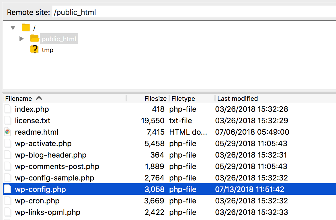 A site's root folder, containing the wp-config.php file.