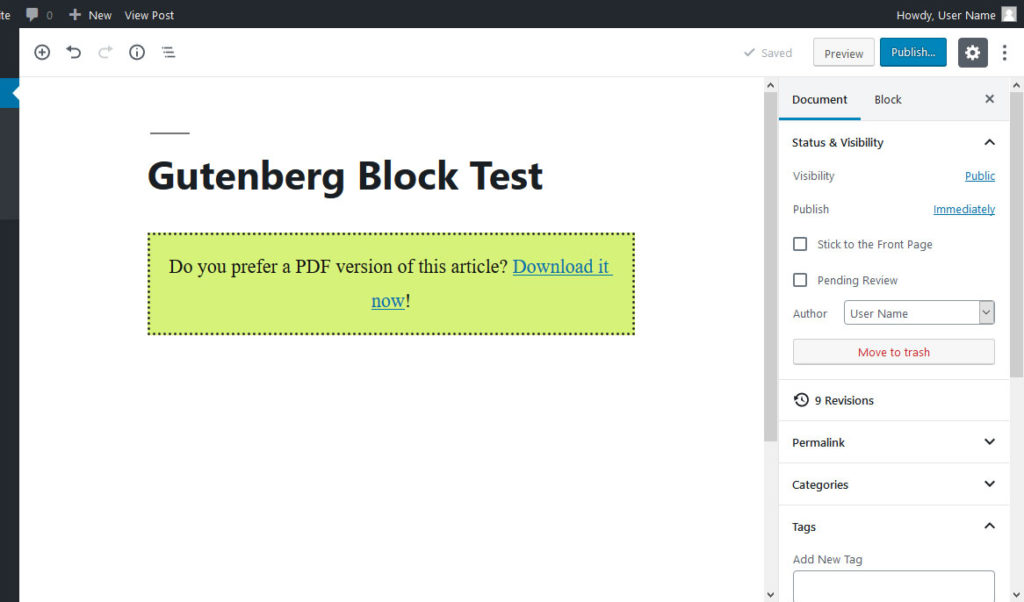 finished block in gutenberg editor