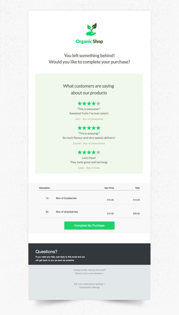 abandoned cart email example