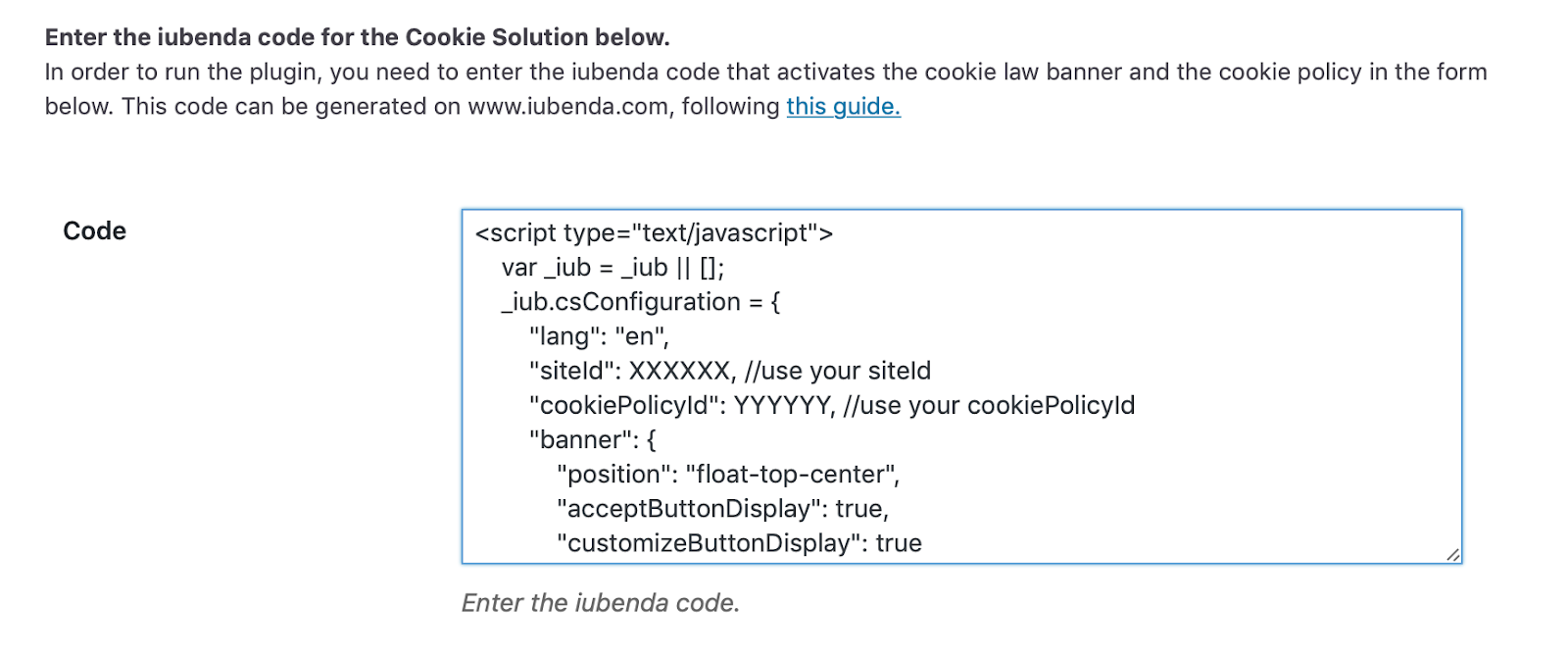 The iubenda JavaScript code.