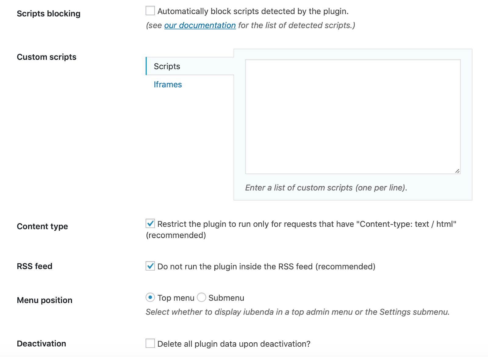 The iubenda Scripts interface.