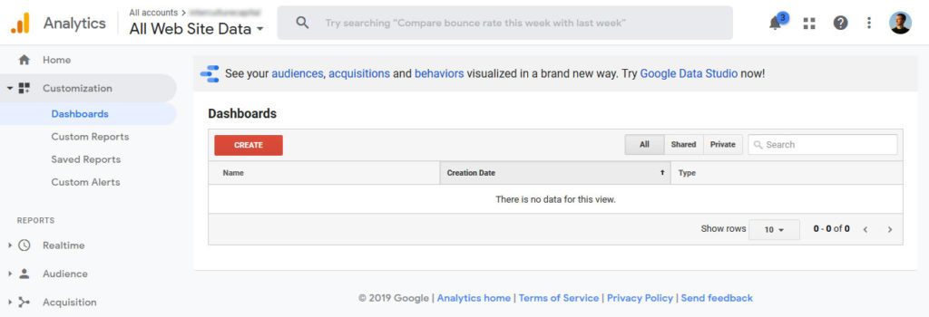 create new custom google analytics dashboard