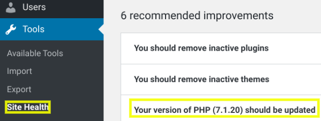 WordPress Site Health PHP version information.