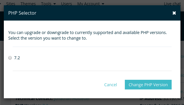 Popup on Wp Engine Portal for changing PHP version. 