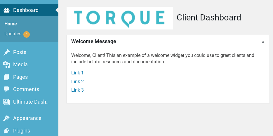 Custom widget used for a welcome message on WordPress dashboard.