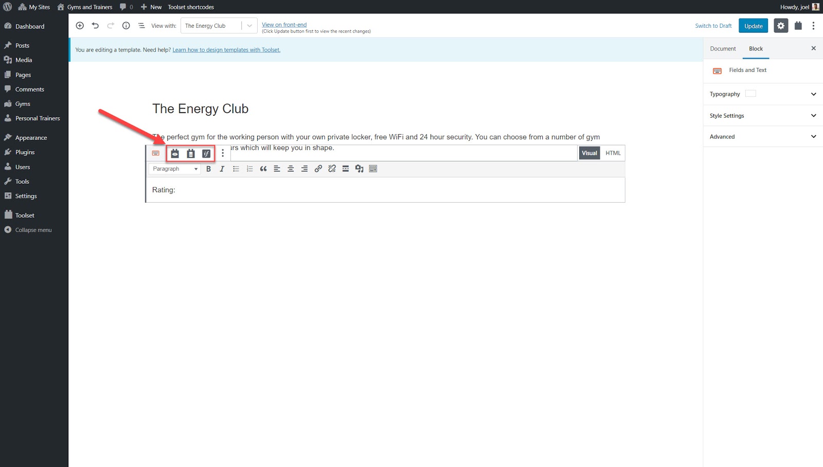 Icons to add a field, form or conditional output 