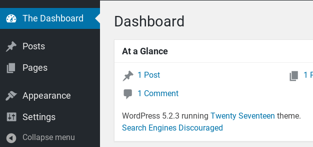 WordPress dashboard with hidden menu items.