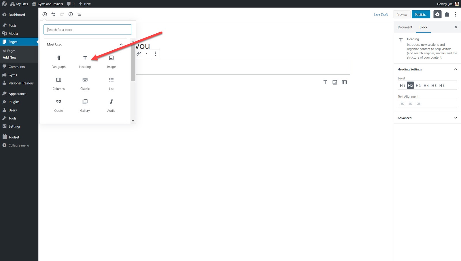 How to create a heading block 