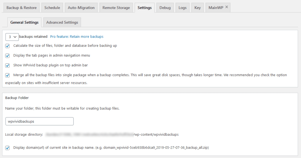 wpvivid backup plugin settings