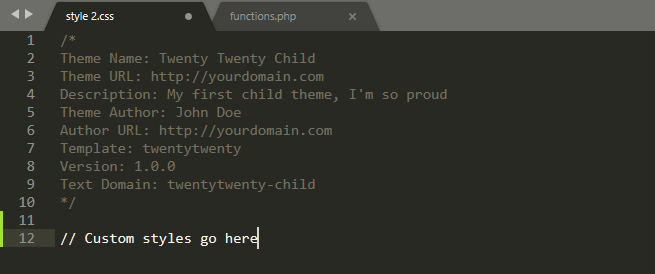 Editing a child theme's style.css file.
