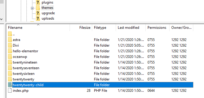 A child theme folder in FileZilla.