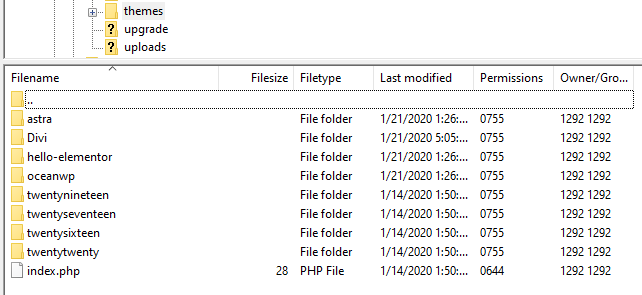 Accessing wp-content/themes via FTP with FileZilla.