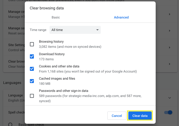The panel in Google Chrome for clearing browsing data.