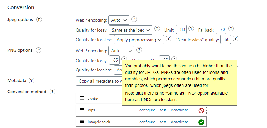 Configuring your WebP image conversion settings.