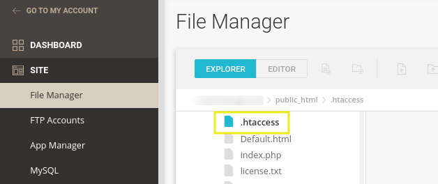 The .htaccess file in the SiteGround File Manager.