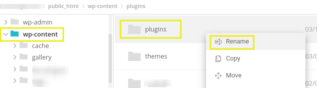 Renaming the plugins folder using the SiteGround File Manager.